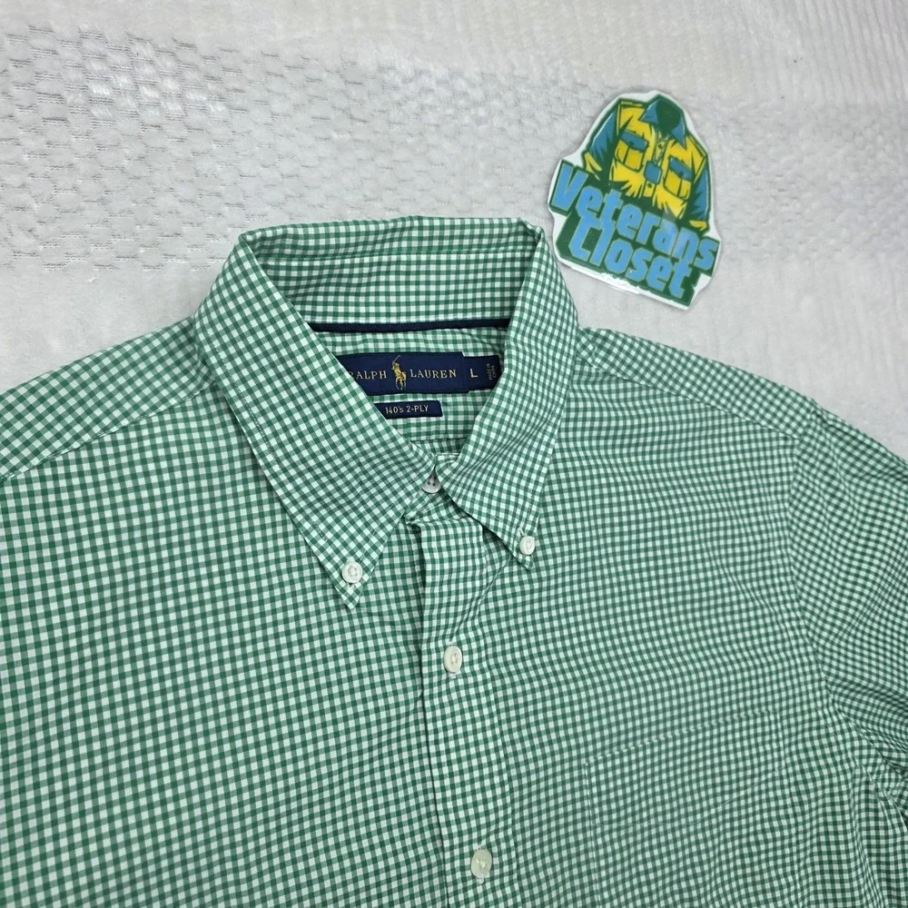 Polo Ralph Lauren Mens L Green White Check 140s 2 Ply Button Down Shirt Classic